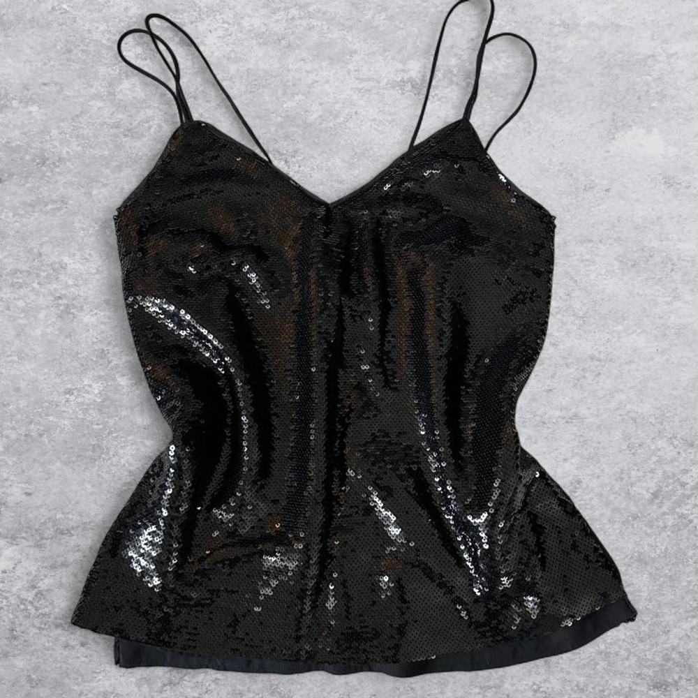 HM Black Sequin V-Neck Cami Top‎ Double Strap Low Back Medium